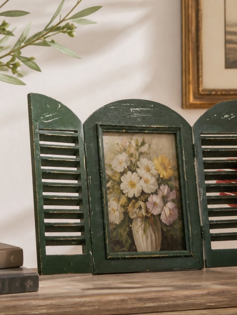 Little Shuttered Photo Frame Distressed Forest Green for 5X7 Picture Cottagecore
